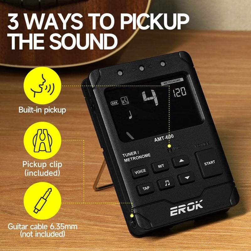 EROK Digital Metronome & Tuner - All-in-One Rechargeable with Stereo Headphone Output, Voice Counting, Ideal for Guitar, Bass, Violin & String Instruments(Black) - Image 2